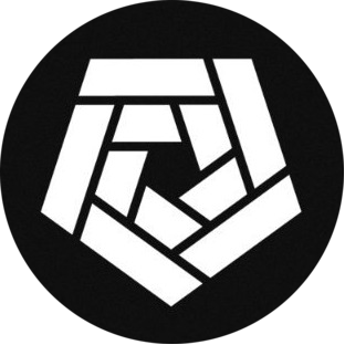 A black and white geometric logo featuring interlocking angular shapes inside a black circle.