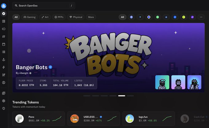 OpenSea homepage featuring the "Banger Bots" NFT collection with a floor price of 0.0232 ETH and 5,555 items, alongside trending tokens like "Pons" (+50.3%), "USELESS" (+67%), and "legs.fun" (+68.6%) with green upward trend lines.