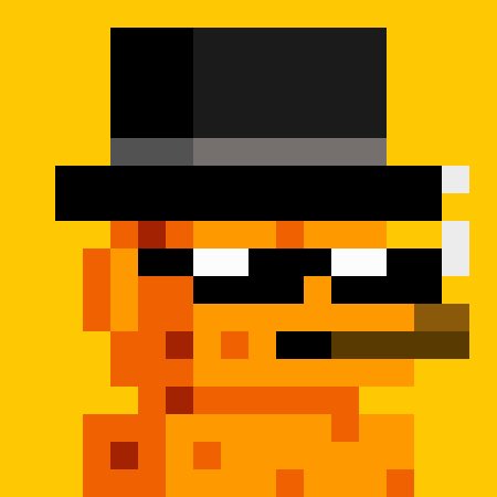 A pixel art illustration of a character with orange skin, black sunglasses, and a black top hat against a yellow background.