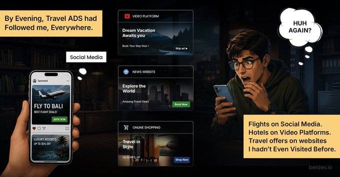 The image depicts a surprised man with glasses looking at his smartphone while thinking "HUH AGAIN?", surrounded by intrusive travel ads from various sources—a social media ad saying "FLY TO BALI" labeled "Social Media," a video platform ad titled "Dream Vacation Awaits you" labeled "VIDEO PLATFORM," a news website ad reading "Explore the World" labeled "NEWS WEBSITE," and an online shopping ad for "Travel in Style" labeled "ONLINE SHOPPING." Caption text reads "By Evening, Travel ADS had Followed me, Everywhere" and notes that flights appeared on social media, hotels on video platforms, and offers on sites the user never visited—illustrating how Beldex's privacy-focused ecosystem (BChat, BelNet, Beldex Browser, BNS) addresses the problem of pervasive ad surveillance highlighted by the post.