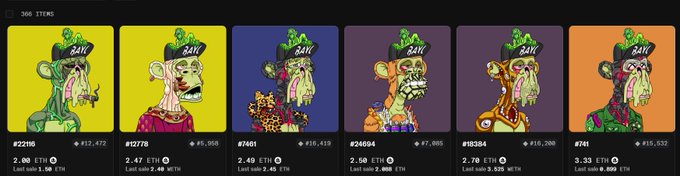 A Bored Ape Yacht Club marketplace showing six "Flipped Brim" trait apes with prices ranging from 2.33 to 2.78 ETH, listed under the handle BAYC, which the poster references as a desirable "grail" trait they refuse to sell for anything less than 40 ETH despite the current low floor prices.