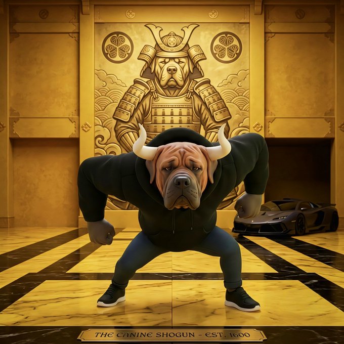 A digital artwork titled 'THE CANINE SHOGUN - EST. 1600' depicts a muscular bulldog-headed figure in a black hoodie and jeans standing in a gold-toned Japanese-style hall with a sports car in the background.