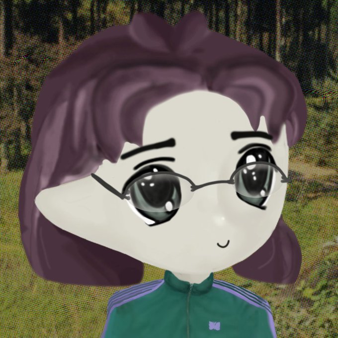 A digital avatar with large expressive eyes, round glasses, and purple hair wears a teal track jacket with purple stripes, set against a grainy halftone background. The "Milady" aesthetic referenced in the post is embodied through this character's signature chibi art style, with the small "M" logo on the jacket serving as a subtle nod to the Milady Maker NFT collection celebrated in the message.