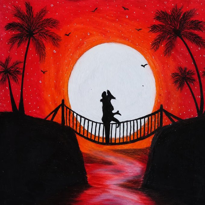 A vibrant painting depicting the silhouettes of a couple embracing on a bridge against a large white moon, framed by red skies, palm trees, and birds.