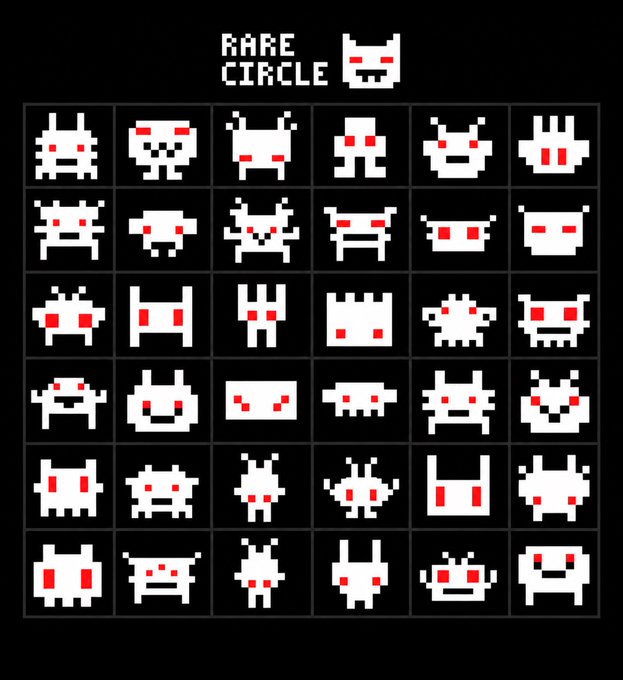 A pixel art collection titled "RARE CIRCLE" displays a 6x6 grid of 36 white retro-style space invader characters with red eyes on a black background. The header text reads "RARE CIRCLE" alongside one of the pixel character icons, promoting the upcoming NFT mint event mentioned in the post.