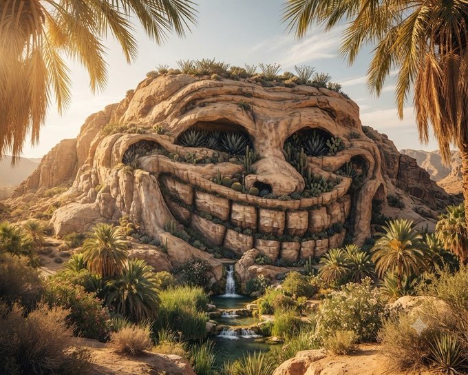A surreal rock formation resembling a smiling face, surrounded by palm trees and desert vegetation with a small waterfall at its base.