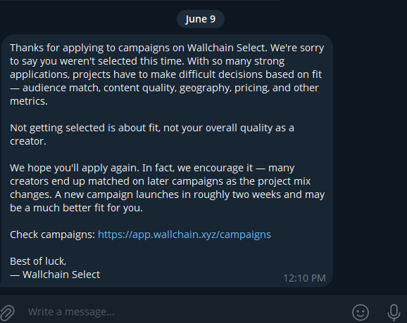 The image shows a text message conversation between two people, with the main focus being on the post that says "@wallchain Select". The person who wrote the message seems to be expressing disappointment or frustration about not receiving an immediate response from the other party. The conversation takes place in a chat window and is centered around the topic of campaigns for wallchain.