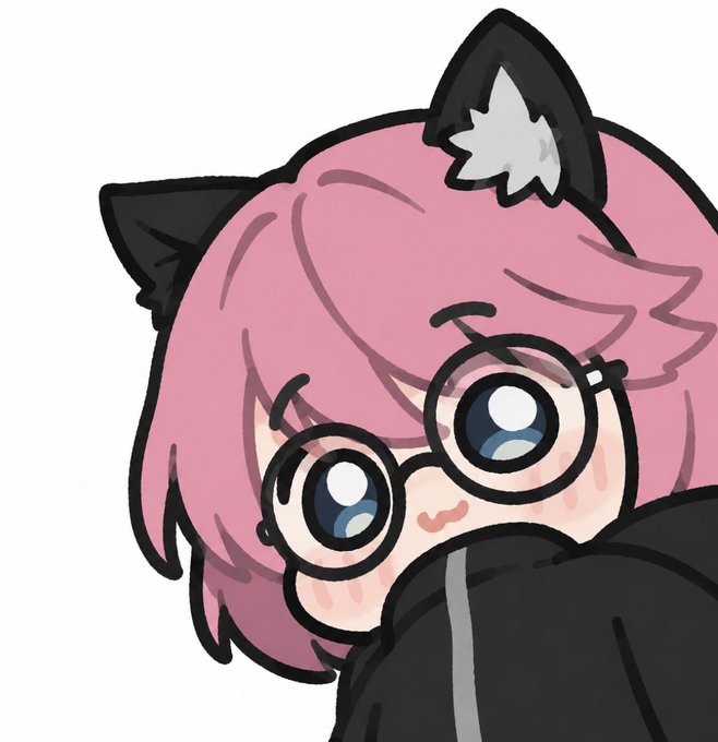 A chibi-style illustration of a pink-haired anime character with black cat ears and round glasses peeking out from under a dark hoodie, matching the cute and playful aesthetic typical of momoyumemi NFT collectibles.