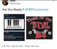 A tweet from "@BabaCugs" with the text "Are You Ready? #XRPCommunity" shows a screenshot comparing a piano keyboard diagram labeled "CODE/FGABC" to a "Mark of the Devil 184" logo, visually equating the musical notes F-G-A-B-C with the number sequence 184 referenced in the post about XRP.