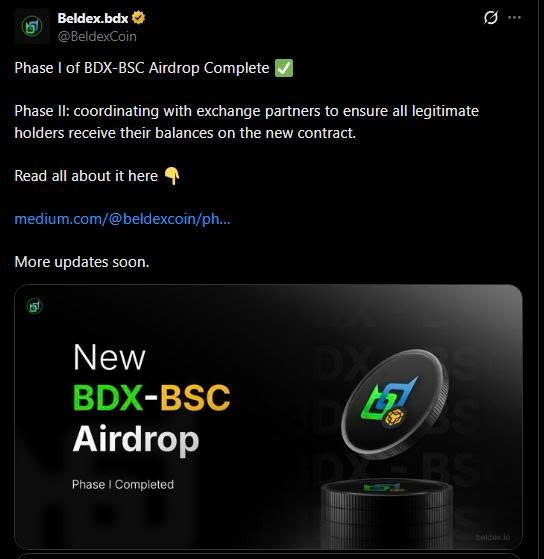 A tweet from Beldex (@BeldexCoin) announces the completion of Phase I of the BDX-BSC Airdrop, with Phase II coordinating with exchange partners to ensure legitimate holders receive balances on the new contract, linking to a Medium article.