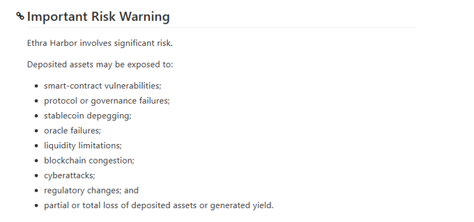 An 'Important Risk Warning' for Ethra Harbor listing risks including smart-contract vulnerabilities, stablecoin depegging, oracle failures, liquidity limitations, cyberattacks, and partial or total loss of deposited assets.