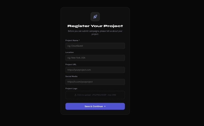 A dark-themed "Register Your Project" form for the CloudQuest Creator Portal, featuring fields for Project Name (e.g. CloudQuest), Location (e.g. New York, USA), Project URL, Social Media, and Project Logo upload, with a purple "Save & Continue" button at the bottom. The form visually represents the first step creators take to register and launch campaigns through CloudQuest, as announced in the post.