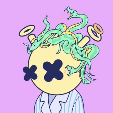 A cartoon drawing of a character with a yellow head, X-shaped eyes, green snakes for hair (resembling Medusa), a halo, and wearing a striped suit, against a purple background.