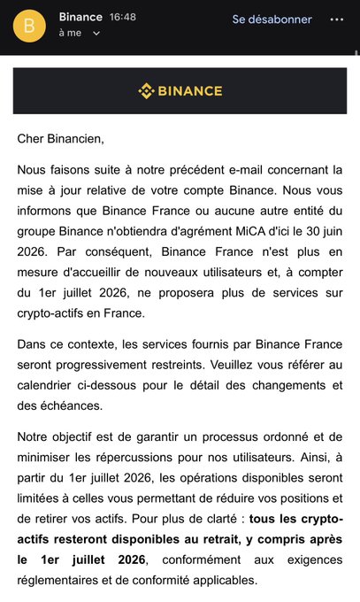 The image shows an email message with text written in French, discussing a Binance account. The email contains information about the account's status and mentions a few people who have sent messages or left comments on the account. One of these commenters has posted something that says "No no it'S MiCA that'S holding back our". This refers to Christine's comment on the account, which is about how she feels like Binance is taking advantage of her. The email also mentions a few other people who have sent messages or left comments on the account.
