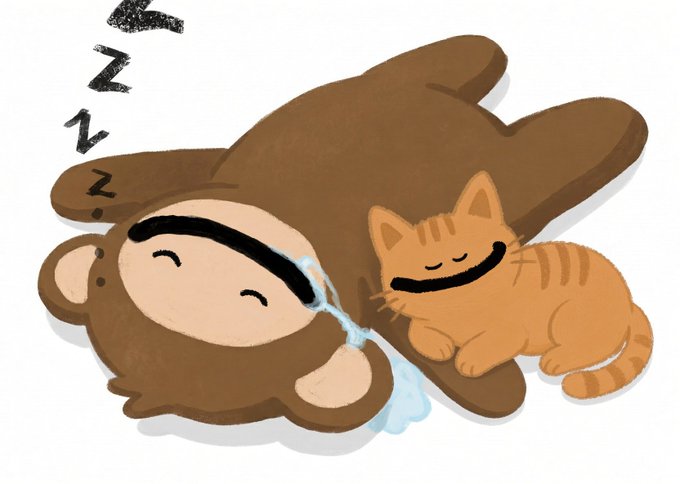 A cartoon illustration shows a brown puppy and an orange tabby kitten sleeping peacefully, both wearing black "GN" (goodnight) sleep masks, with drool and "Zzz" floating above—matching the "GN Pups" caption as a cute goodnight scene.