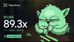 The image displays a TokenScan advertisement for the meme coin $FONE featuring a smug-looking cat puffing on a cigar, with bold text highlighting "89.3x" gains and a current value of $0.20. The image ties into the post's bragging about massive memecoin trading profits, specifically showing the high-multiple return (+220 SOL) the user claims to have made trading similar projects.