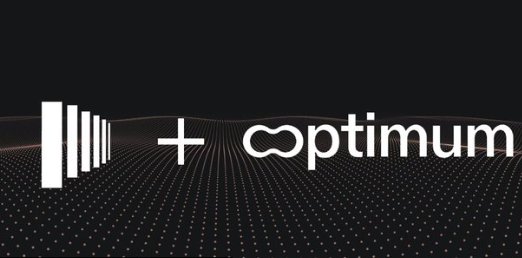 A black screen displays white text reading 'optimum' with a plus sign, alongside a logo of vertical bars, set against a dotted background.