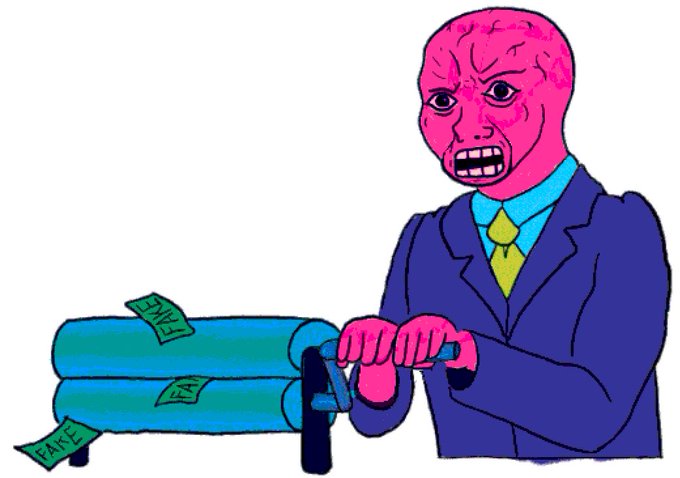 A cartoon drawing of a pink-faced man in a blue suit with a shocked expression, pushing a money gun that shoots out bills labeled 'FAKE'.