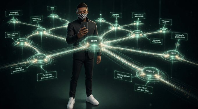 A digital illustration of a man in a checkered mask and suit using a smartphone, connected by glowing green data streams to a network of nodes labeled 'agent,' 'custody,' and 'position limits.'
