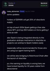 A social media post from 'SPARK' ($8,300.10) announcing that $SPARK holders will receive 25% of silver tokens' supply from the mota_debanked Telegram channel.