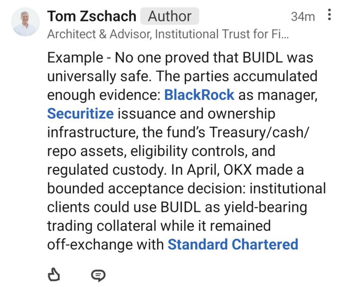 A LinkedIn post by Tom Zschach discusses how OKX accepted BlackRock's BUIDL token as collateral, citing accumulated evidence including BlackRock as manager, Securitize infrastructure, regulated custody, and Standard Chartered as custodian. This illustrates the accompanying message's point that markets adopt innovations like Chainlink integrations once institutional backing reduces uncertainty sufficiently.