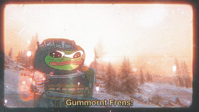 A stylized image featuring Pepe the Frog dressed in medieval-style armor with a padded coif, set against a snowy landscape with the caption 'Gummornt Frens!' at the bottom.