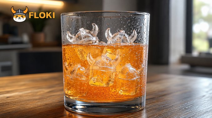 A whiskey glass filled with amber liquid and ice cubes, notably with ice shaped like small Viking helmets, featuring the FLOKI logo in the upper left corner.