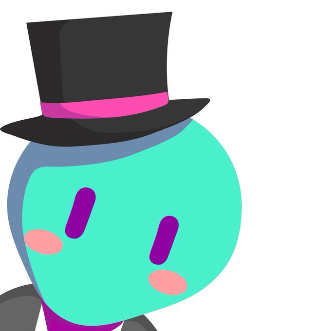 A cute cartoon character with a round teal head, purple eyes, pink blushing cheeks, and a black top hat with a pink band.
