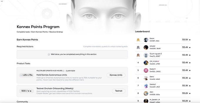 The Konnex Points Program webpage showing a leaderboard of users with their points (55.5K down to 55.2K) and task completion sections including holding Konnex Autonomous Units and Testnet Onchain Onboarding.