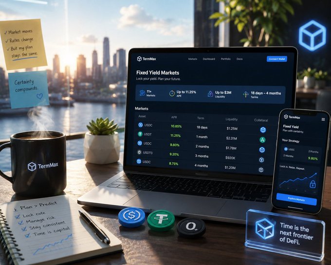 A promotional workspace setup showcases the TermMax platform on a laptop and phone displaying "Fixed Yield Markets" with assets like USDC and USDT offering up to 11.25% APR, surrounded by sticky notes with trading tips and a mug with the TermMax logo.