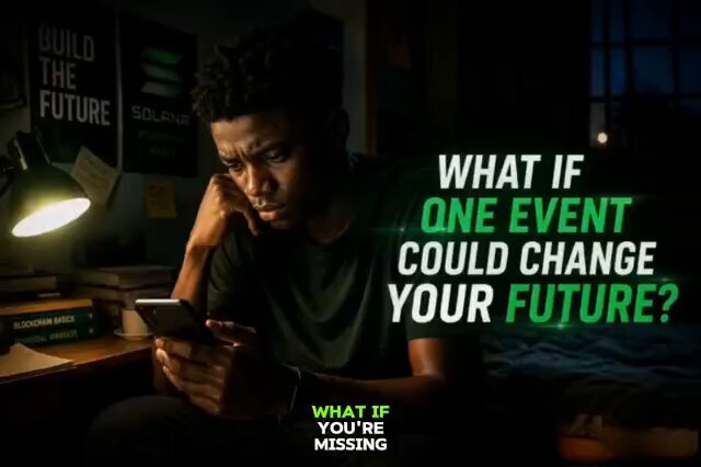 The image features a young man sitting at a desk with his head resting on his hand, looking down at his cell phone. The text "What if one event could change your future?" is displayed above him, suggesting that he might be contemplating life choices or pondering about the impact of certain events in his life. The background shows an empty classroom setting, which contrasts with the man's current situation and adds to the overall atmosphere of the image.