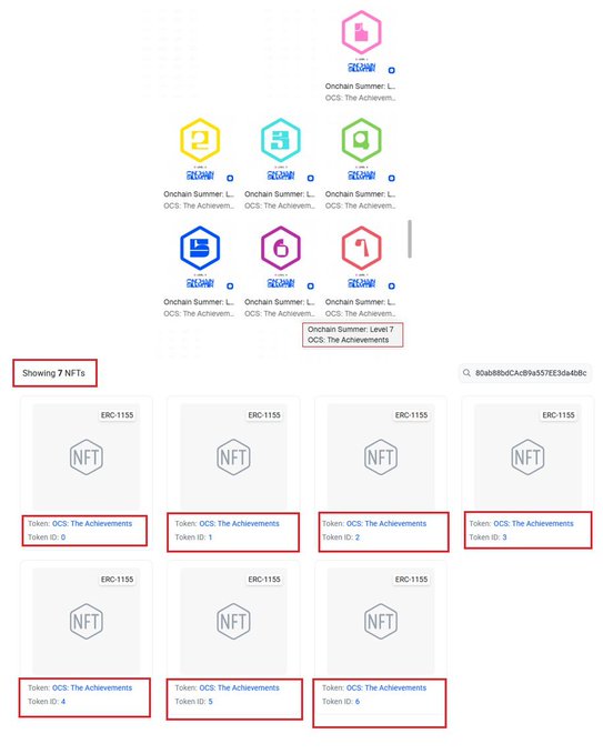A digital interface displaying Onchain Summer achievement NFTs (ERC-1155 tokens, IDs 0-6) with hexagonal level badges ranging from Level 1 to Level 7.