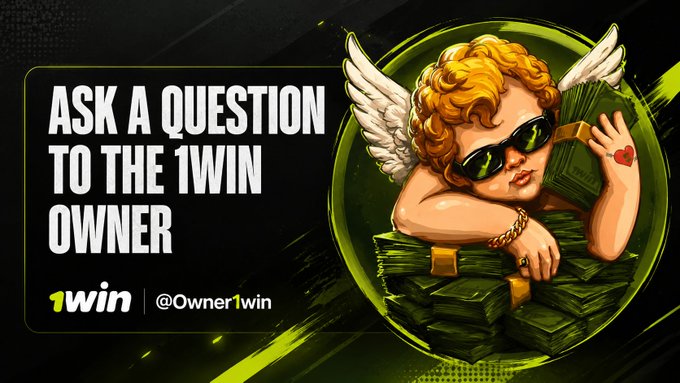 A promotional graphic featuring a cherubic angelic figure with curly blonde hair, sunglasses, and gold chains embracing stacks of cash, alongside the text "ASK A QUESTION TO THE 1WIN OWNER" and the handle "@Owner1win." The image invites users to submit questions to the 1win team, reinforcing the post's message about direct community engagement.