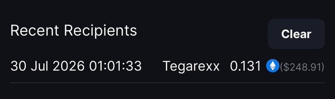 The image shows a "Recent Recipients" notification displaying a transaction from 30 Jul 2026 at 01:01:33, where user "Tegarexx" won 0.131 ETH (worth $248.91). This serves as proof of the legitimate MetaWin giveaway winner mentioned in the post, with the platform showcasing the prize sent to @TeGaReXx.
