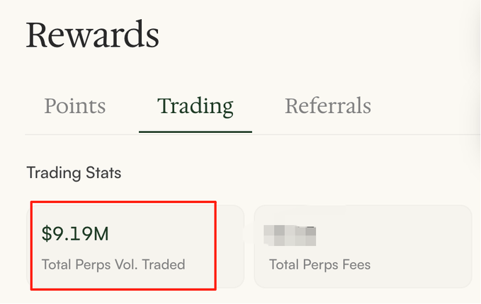 A screenshot showing a "Rewards" dashboard with the "Trading" tab selected, highlighting $9.19M in "Total Perps Vol. Traded" alongside a blurred "Total Perps Fees" stat. The image supports the post's message by visually emphasizing the substantial trading volume rewards users can accumulate, reinforcing the urgency to register and begin earning points during the initial event period.