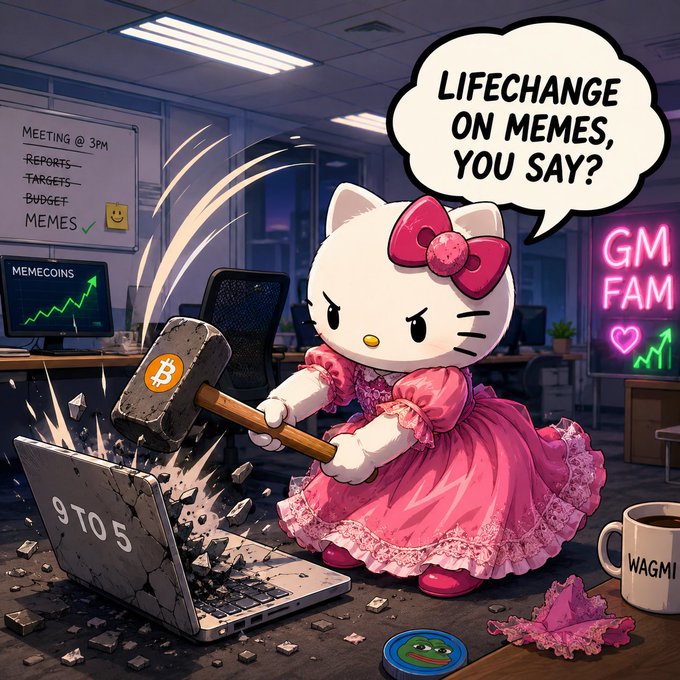 Hello Kitty in a pink dress angrily smashes a Bitcoin-branded hammer into a laptop labeled "9TO5" in an office, with a whiteboard listing "Meeting @ 3PM, Reports, Targets, Budget, Memes ✓," a "MEMECOINS" chart, a "GM FAM" neon sign, and a "WAGMI" coffee mug—matching the "gm gn / first memecoin trade" post by humorously depicting the chaotic destruction of one's schedule and sanity the moment crypto memes enter the picture.