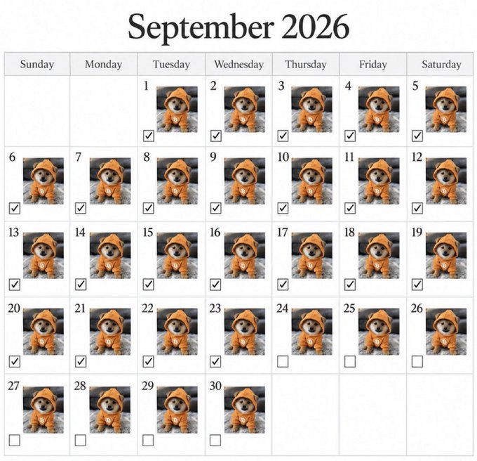 A September 2026 calendar where each date features a small image of a puppy in an orange hoodie, with checkboxes below each date that are checked for most days.