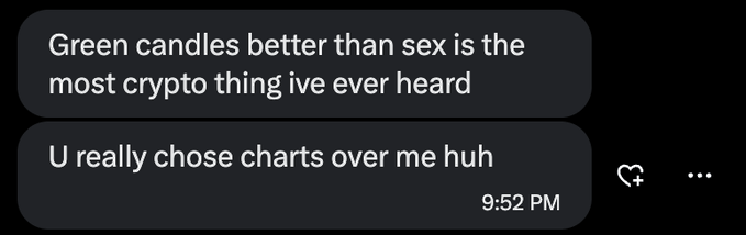 Two consecutive dark-mode text message bubbles joking about crypto culture: "Green candles better than sex is the most crypto thing ive ever heard" followed by "U really chose charts over me huh" sent at 9:52 PM.