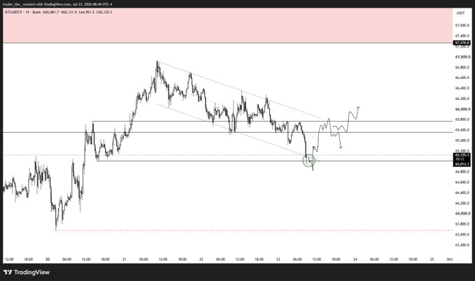 TradingView chart for BTCUSDT on the 1-hour timeframe dated July 23, 2024, showing price action around $64,000-$67,000 with technical analysis including a descending triangle pattern and a highlighted resistance zone near $65,000.