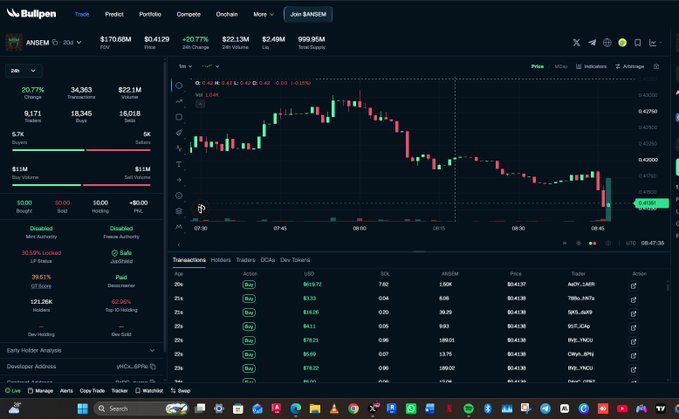Bullpen crypto trading platform displaying ANSEM token at $0.4129 with +20.77% change, showing a candlestick chart, trading statistics, and transaction history including various buy/sell orders.