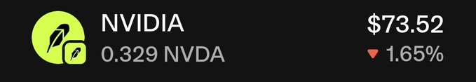 A screenshot showing NVIDIA (NVDA) stock data with a price of $73.52, down 1.65% (0.329 NVDA), likely displayed by the $HOLYCHIP project to highlight the value of the NVDA stock airdrop users received directly into their wallets without any claim process.