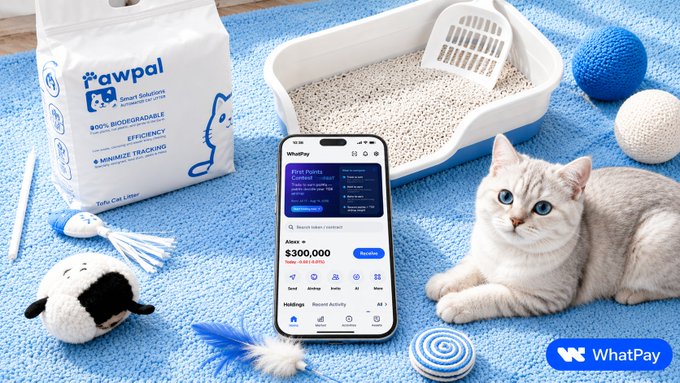 An advertisement for Pawpal cat litter and WhatPay app showing a bag of litter, a cat litter box, cat toys, a light-colored cat, and a smartphone displaying an asset balance of $300,000.