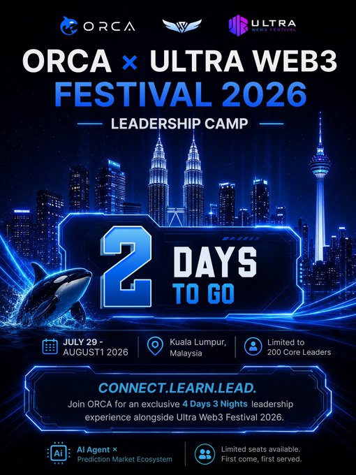 A poster for the ORCA x Ultra Web3 Festival 2026 Leadership Camp, showing '2 DAYS TO GO' for an event in Kuala Lumpur, Malaysia on July 29 - August 1, 2026, limited to 200 core leaders.