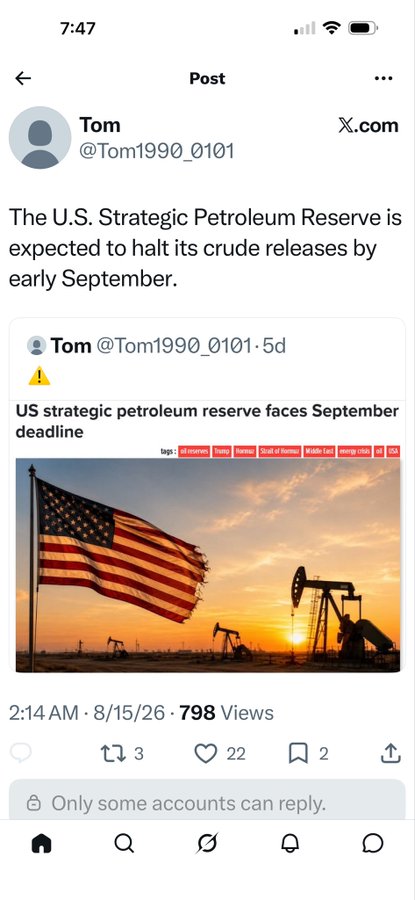 A screenshot of an X.com post by Tom (@Tom1990_0101) stating "The U.S. Strategic Petroleum Reserve is expected to halt its crude releases by early September," quoting a 5-day-old article titled "US strategic petroleum reserve faces September deadline" with an image of an American flag alongside oil pumpjacks at sunset. The casual "Bro" caption matches the no-frills, share-the-news vibe of the post.