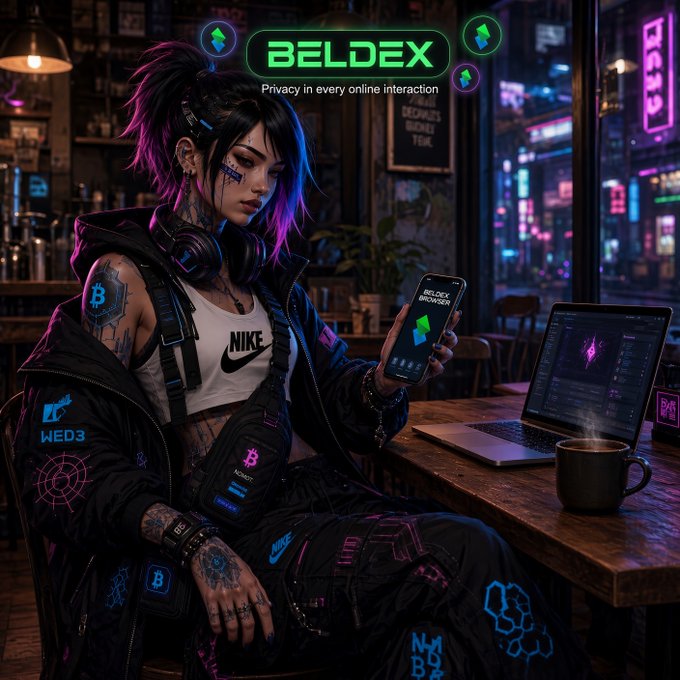 A cyberpunk-style digital artwork featuring a woman with pink and blue hair holding a phone displaying 'BELDEX BROWSER' with the tagline 'Privacy in every online interaction'.