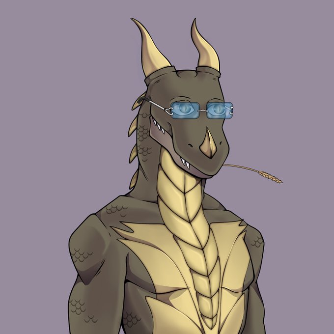 A digital illustration of a dragon-like humanoid character with horns, wearing half-rim glasses and holding a piece of wheat in its mouth against a plain gray background.