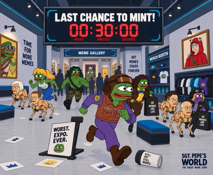 A colorful cartoon illustration titled 'SGT. PEPE'S WORLD - THE GREAT MEME EXPO' showing an expo hall scene with a 'LAST CHANCE TO MINT!' countdown timer at 00:30:00, featuring various Pepe and meme characters, signs reading 'TIME FOR MORE MEMES,' 'ART MEMES CHAOS FOREVER,' and 'WORST. EXPO. EVER.'