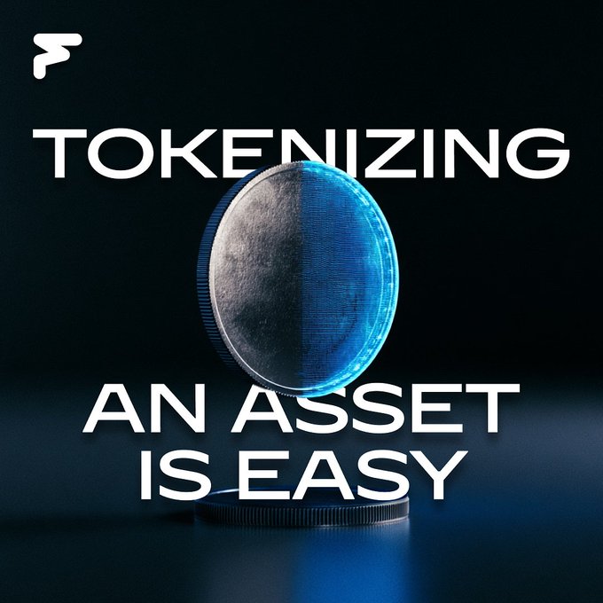 The image visually represents the text "TOKENIZING AN ASSET IS EASY," showcasing a coin with a traditional metallic half and a glowing digital half. This aligns with the post's premise that tokenizing an asset is the simpler part of a larger process.