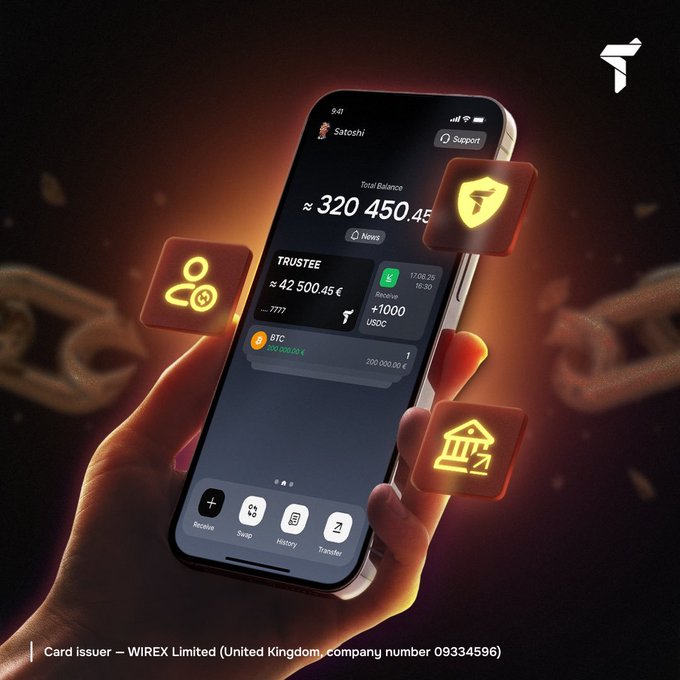 A hand holds a smartphone displaying the TrusteePlus crypto app, showing a total balance of "≈ 320 450,45" with a "TRUSTEE ≈ 42 500,45 €" wallet and features like Receive, Swap, History, and Transfer, surrounded by floating icons for security, support, and a bank. The image visually supports the post's enthusiasm about TrusteePlus's user-friendly crypto card and seamless onboarding for new users.