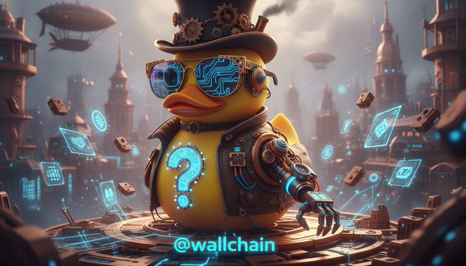 The image shows a cartoon duck wearing glasses with the text "question" beneath it, standing in front of some buildings and floating balloons. There are also other floating objects scattered around the scene. Below this image, there's an overlay that says "@wallchain" followed by a message about focusing on what is actually in the photo to improve social media marketing efforts.